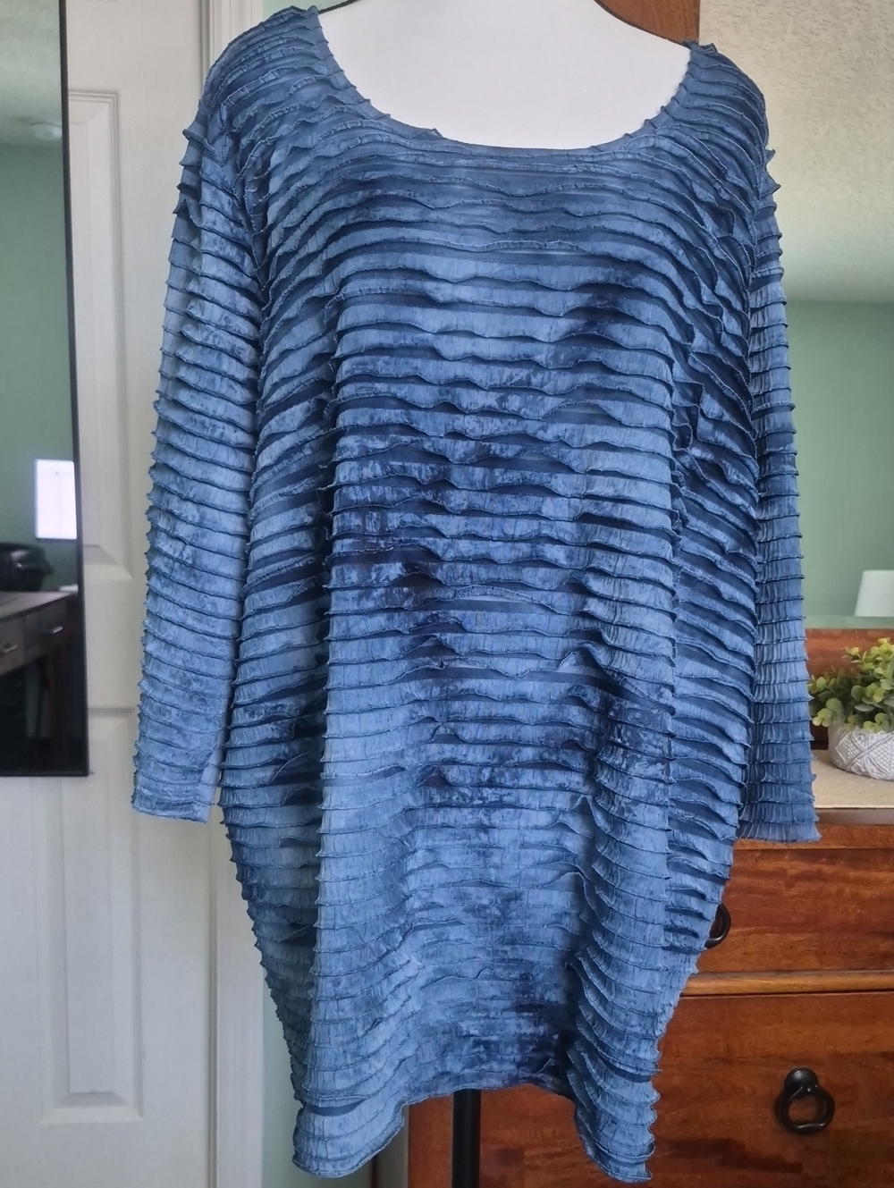 Catherines Blue Textured Ruffle Stripe Tunic